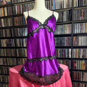 Victoria’s Secret Purple Satin Lace Slip Dress Vintage Lingerie Nightgown SizeL